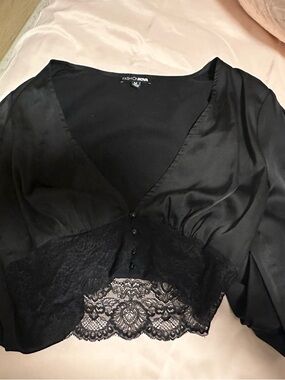 Fashion Nova Black Satin Lace-Trim Cropped Blouse
$15 for both